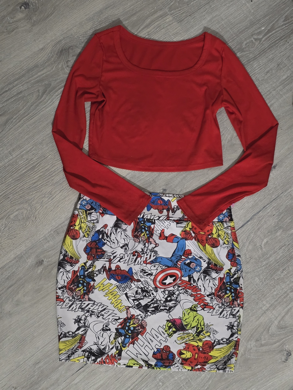 Mighty Fine Red Long-Sleeve Crop Top with Comic-Print Pencil Skirt